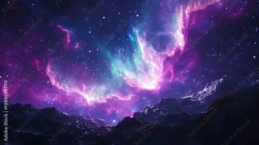 Vibrant nebula above a snow-capped mountain range at night. Vibrant nebula above a snow-capped mountain range at night.