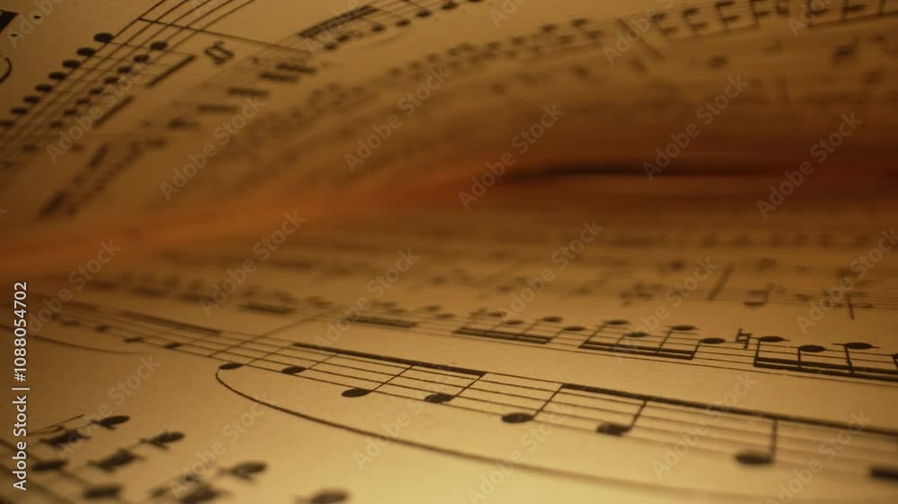 Slider macro background of saved medieval book with ancient musical notes writings. Texture of old handwritten classical symphony, beautiful melody, hobby concept. 