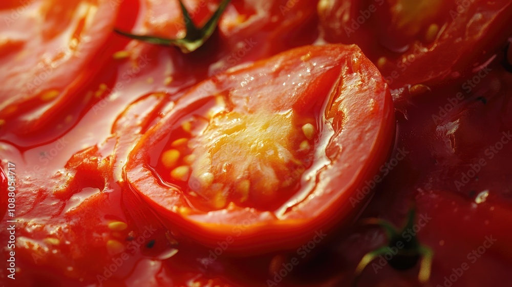 Close-up of sliced tomatoes in their juice. Close-up of sliced tomatoes in their juice.