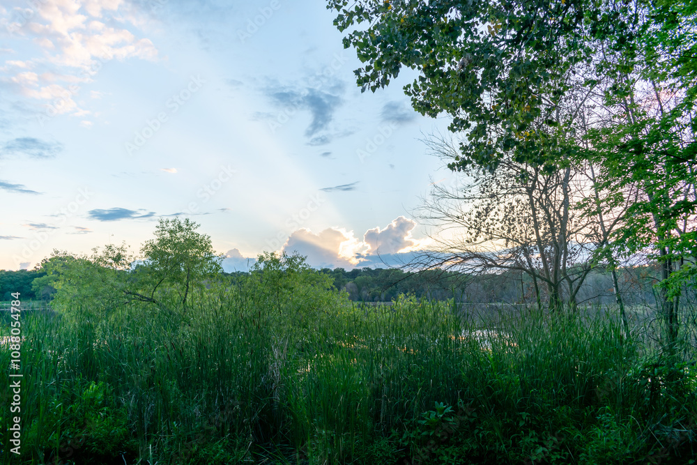 Obraz premium A stunning sunset and God's rays over a local MN lake with lots of greenery.