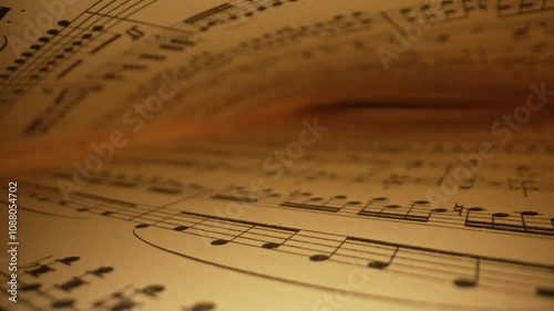 Slider macro background of saved medieval book with ancient musical notes writings. Texture of old handwritten classical symphony, beautiful melody, hobby concept. 