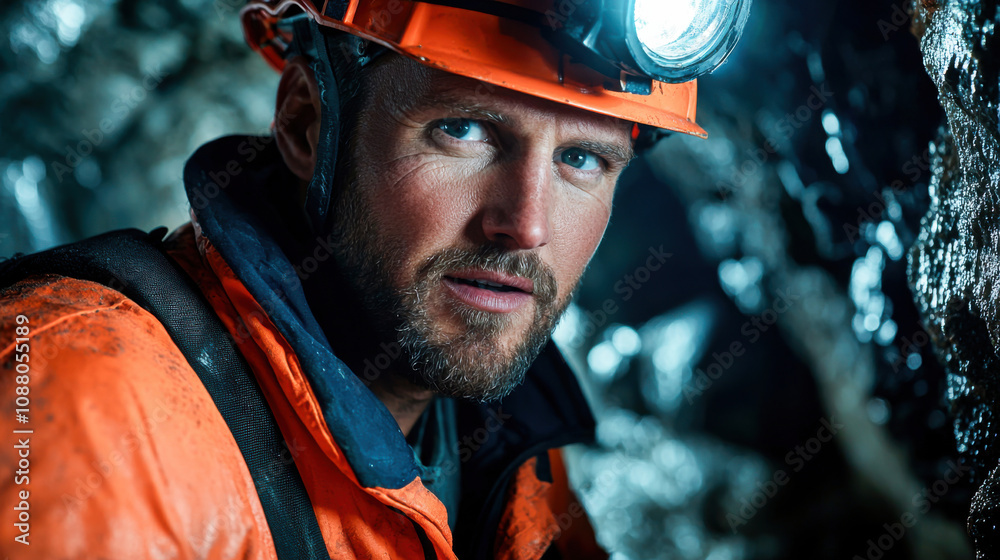 Miner in orange safety gear with headlamp, inspecting underground cave Miner in orange safety gear with headlamp, inspecting underground cave