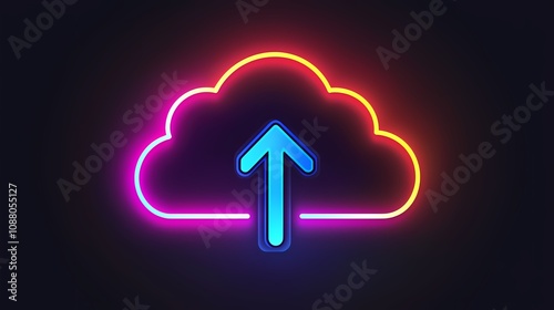 A vibrant neon cloud with a bold upward arrow, showcasing a dynamic blend of colors reflecting digital innovation and creativity.