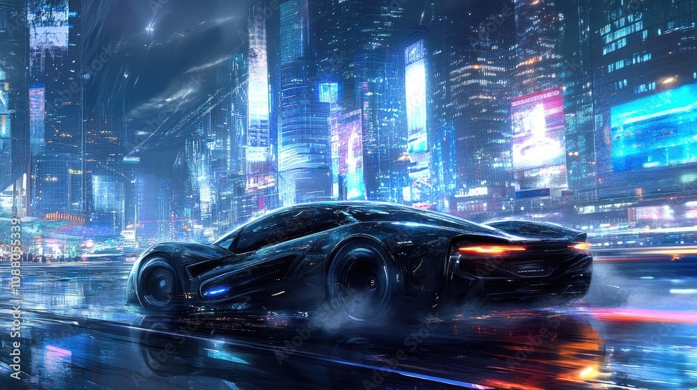 Futuristic sports car speeding through a neon-lit cyberpunk city at night. Futuristic sports car speeding through a neon-lit cyberpunk city at night.