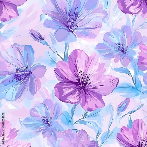 Abstract Watercolor Painting of Purple and Blue Flowers