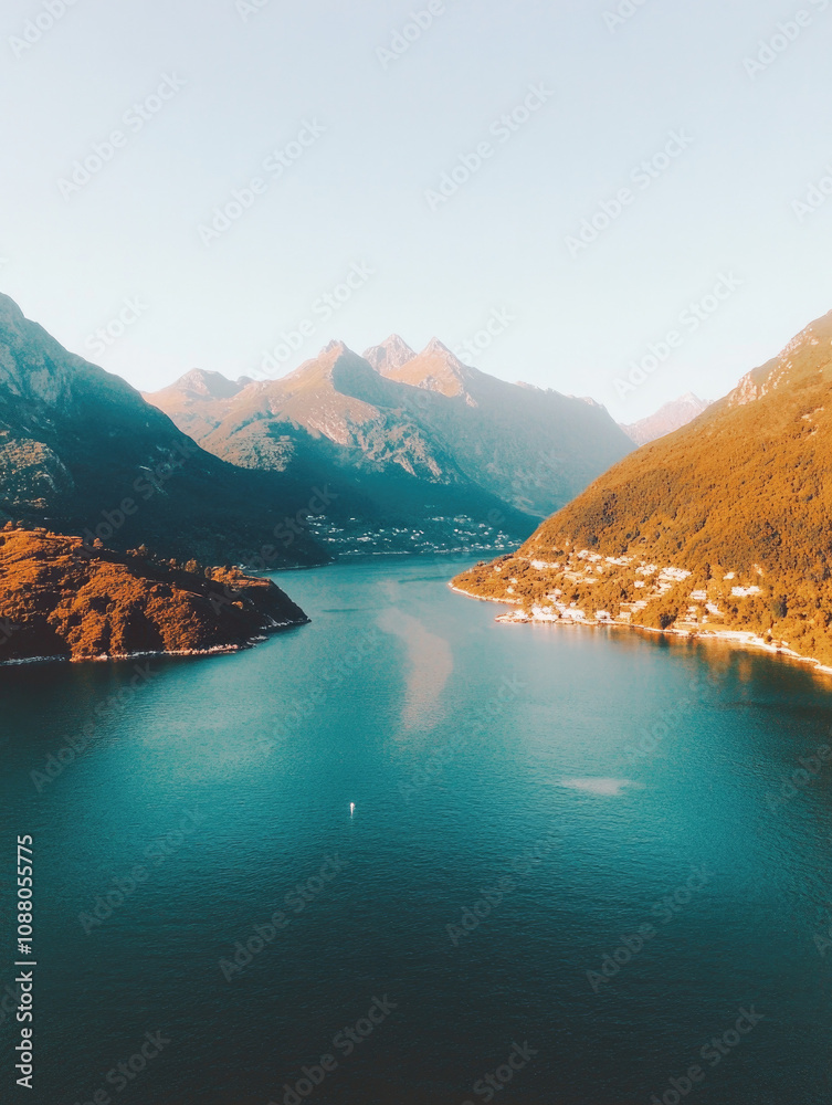 New Zealand touristic shot, golden glowing sun on lake, mounatins, fresh air, eco travel New Zealand touristic shot, golden glowing sun on lake, mounatins, fresh air, eco travel