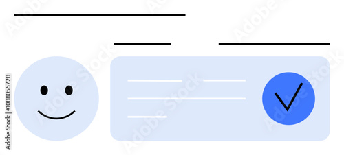 Happy face icon next to a rectangular text box containing a blue checkmark. Ideal for user approval, verification, satisfaction, validation, feedback, quality assurance, and positive review themes