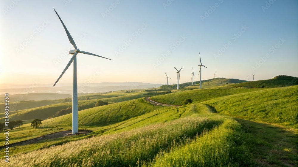 Obraz premium Turbines standing tall on a grassy hill harnessing wind energy.