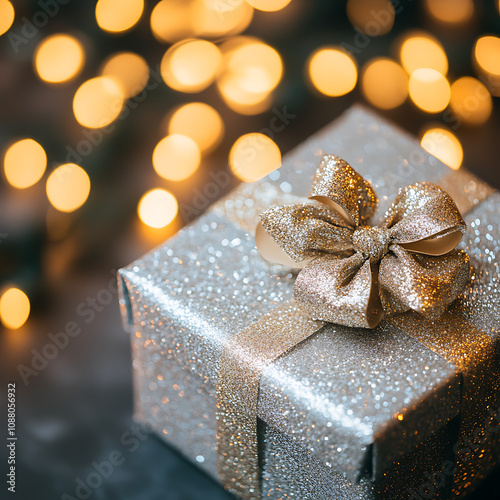Sparkling Silver Gift Box with Glittery Bow Surrounded by Warm Twinkling Lights for Holiday Celebrations and Special Occasions in a Festive Atmosphere