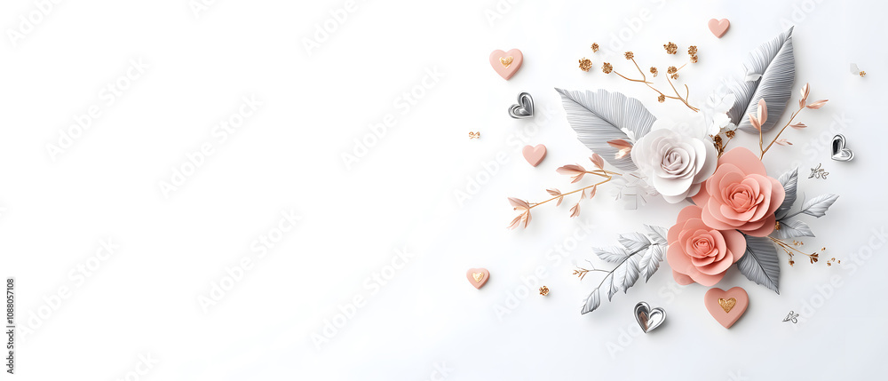 Fototapeta premium botanical frame design for Valentine. A beautiful arrangement of pastel flowers and decorative elements on a clean, white background, creating an elegant and serene aesthetic.