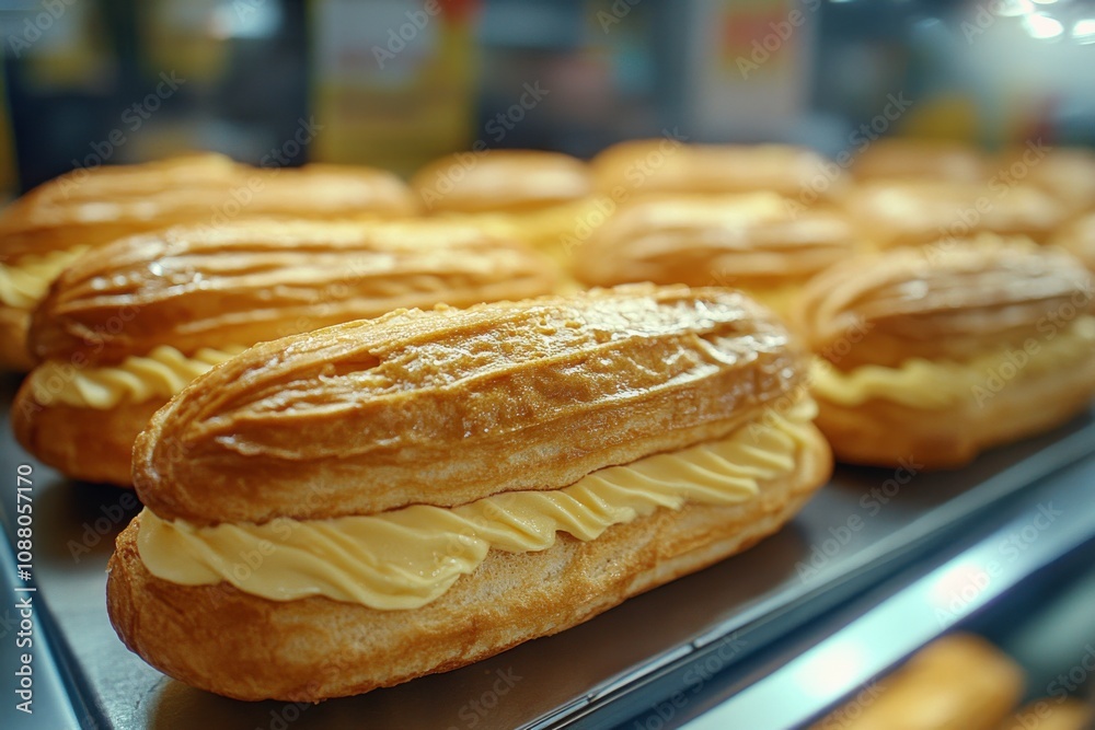Cream-filled pastries displayed on a tray. Cream-filled pastries displayed on a tray.