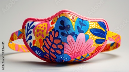 A detailed view of a reusable kids' mask with adjustable straps and a soft inner lining, providing both comfort and a fun design with bright colors and patterns photo