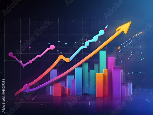 Vibrant financial graph with multicolored bars and rising arrow, depicting business growth,