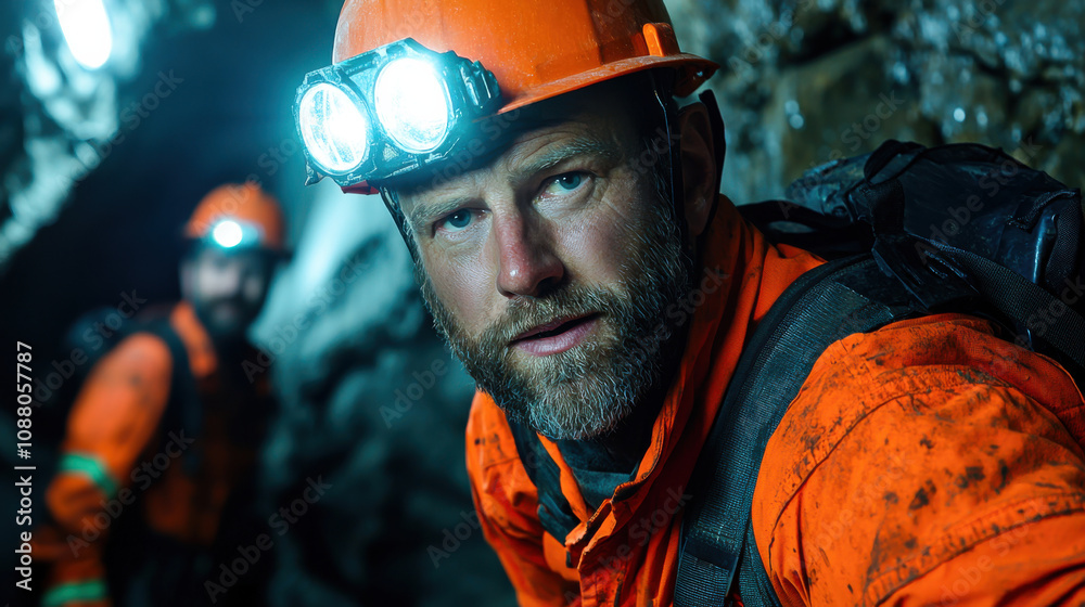mining engineer inspects underground tunnel wearing orange suit and helmet with headlamp. scene captures intensity of underground work mining engineer inspects underground tunnel wearing orange suit and helmet with headlamp. scene captures intensity of underground work