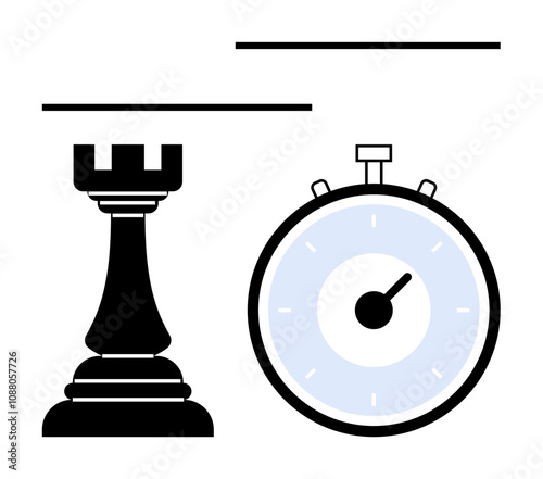 Chess rook beside a stopwatch with two horizontal lines above. Ideal for strategy, time management, chess, competition, decision-making, planning, precision. Line metaphor