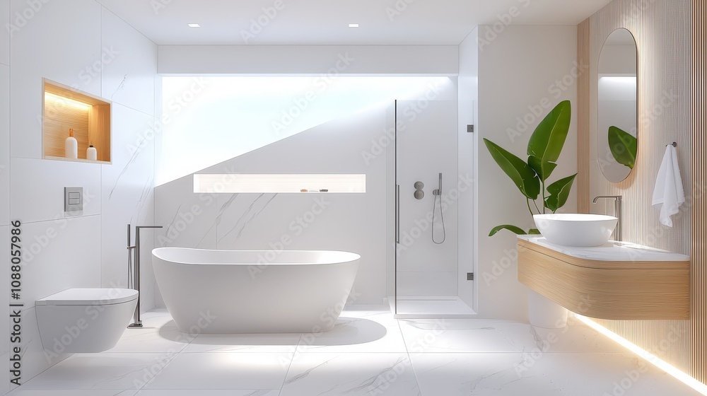 Contemporary bathroom in a new home, with a freestanding bathtub, walk-in shower, and marble tiles. Contemporary bathroom in a new home, with a freestanding bathtub, walk-in shower, and marble tiles.