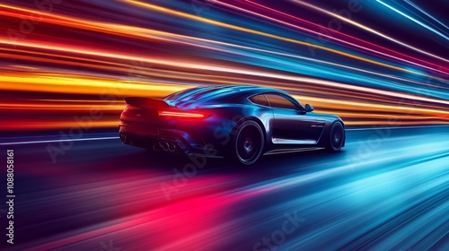 Fast sports car driving at night with colorful light trails.