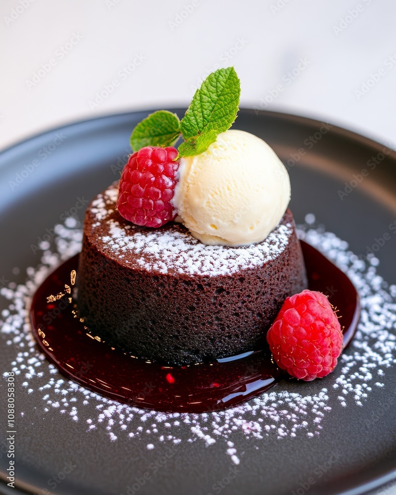 Chocolate lava cake with scoop of ice cream and raspberries. Chocolate lava cake with scoop of ice cream and raspberries.