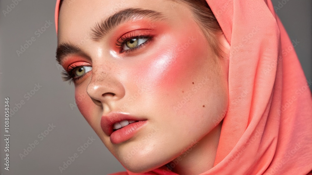 This portrait showcases a subject with dazzling fluorescent coral blush accentuating their harmonized with a luminous detailing around the eyes that brings a fresh and vivid energy This portrait showcases a subject with dazzling fluorescent coral blush accentuating their harmonized with a luminous detailing around the eyes that brings a fresh and vivid energy