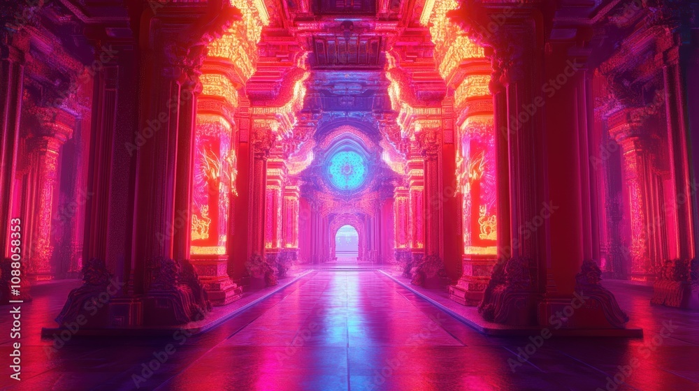Fototapeta premium Neon Dreamscape: A Virtual Journey Through a Glowing Palace