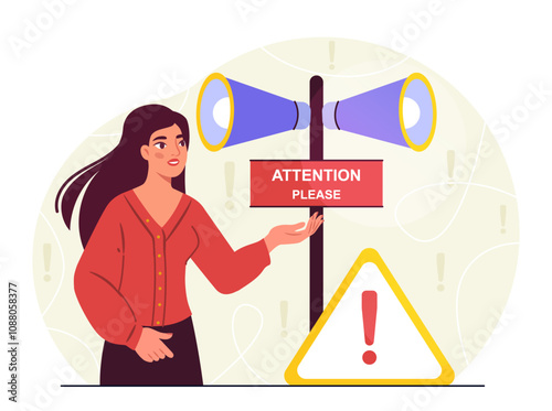 Attention please banner. Woman near huge loudspeakers. Business promotion and communication. Advertising and marketing. Flat vector illustration