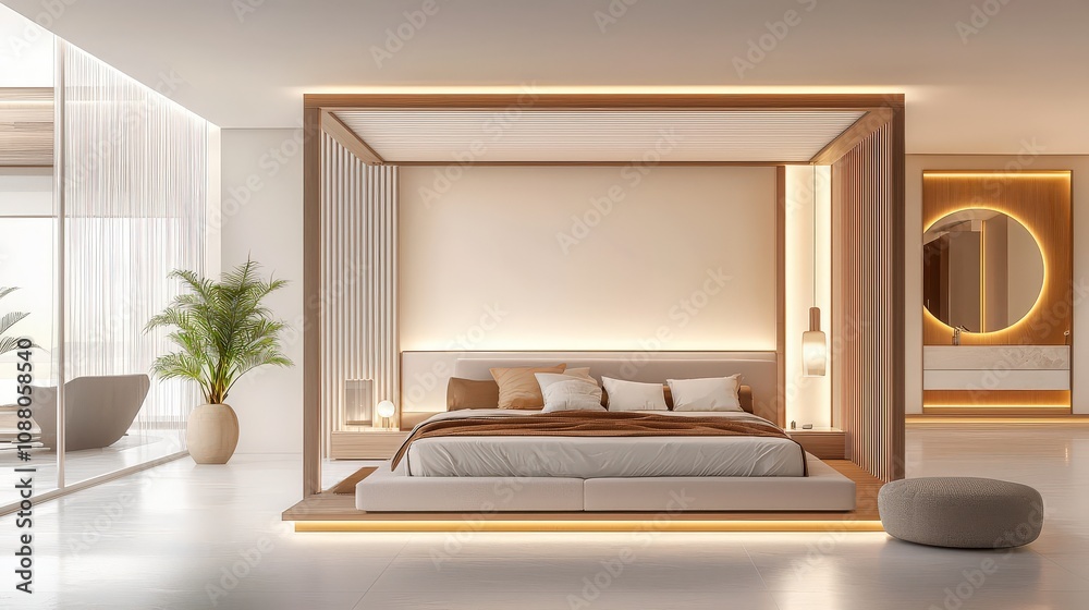 Modern luxury bedroom with minimalist design, a large canopy bed, and subtle accent lighting creating a warm glow. Modern luxury bedroom with minimalist design, a large canopy bed, and subtle accent lighting creating a warm glow.