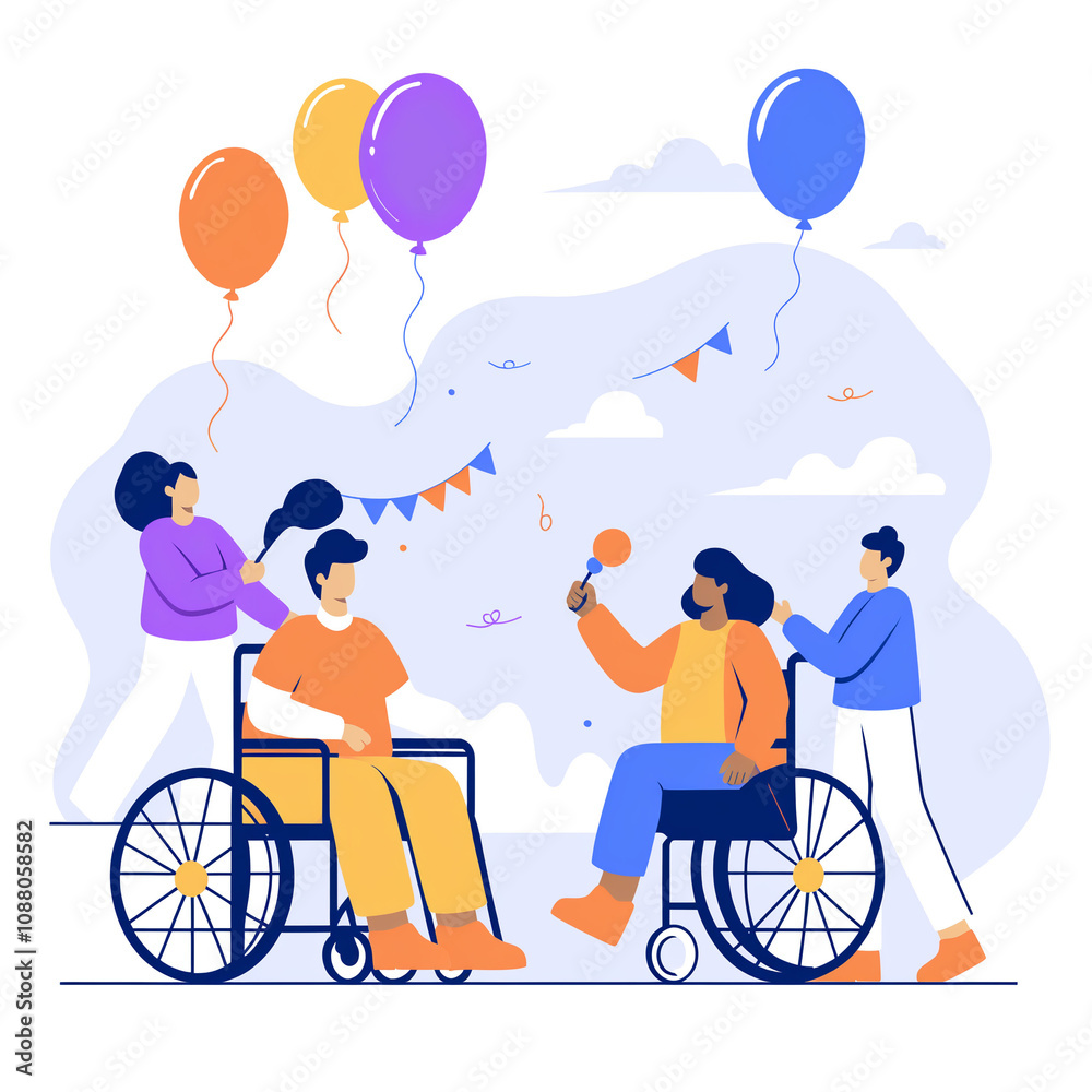 Banner or card with flat cartoon vector illustration for World Disability Day. Prosthetic hands and legs, a man and woman in wheelchairs, a blind boy with a stick, and invalid people. Someone using cr Banner or card with flat cartoon vector illustration for World Disability Day. Prosthetic hands and legs, a man and woman in wheelchairs, a blind boy with a stick, and invalid people. Someone using cr
