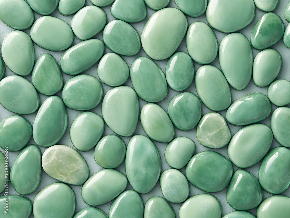 A collection of smooth, polished green stones arranged closely together. A collection of smooth, polished green stones arranged closely together.