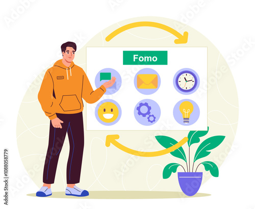 FOMO man concept. Young guy with fear of missing out. Mental and psychological problems. Frustration and depression. Social media addiction. Flat vector illustration