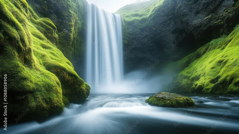 Naklejka premium Waterfall in a Lush Green Valley