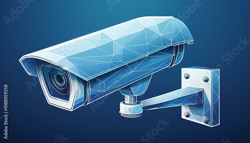  A low polygon CCTV security camera wireframe mesh displayed on a blue background. photo