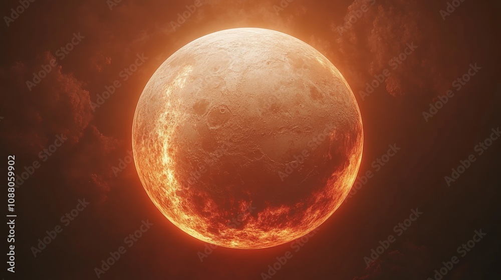 Fototapeta premium Fiery, blood red moon in dark night sky.