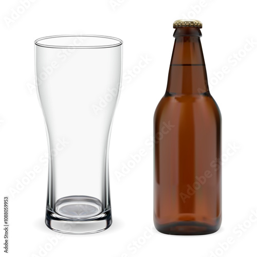 Brown glass beer bottle, transparent beer glass mockup. Isolated alcohol beverage bottle template, realistic vector illustration. Pub brewery glass for label blank, full package