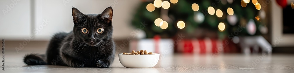 Black Cat Enjoys a Holiday Meal near Christmas Tree Festive Pet Food, Banner with Copy Space. Black Cat Enjoys a Holiday Meal near Christmas Tree Festive Pet Food, Banner with Copy Space.
