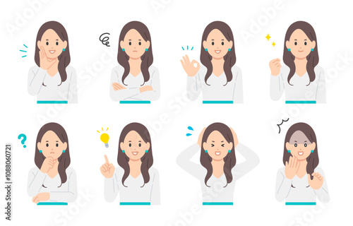 いろいろな表情やポーズをする若い女性のセット【人物ベクターイラスト素材】
