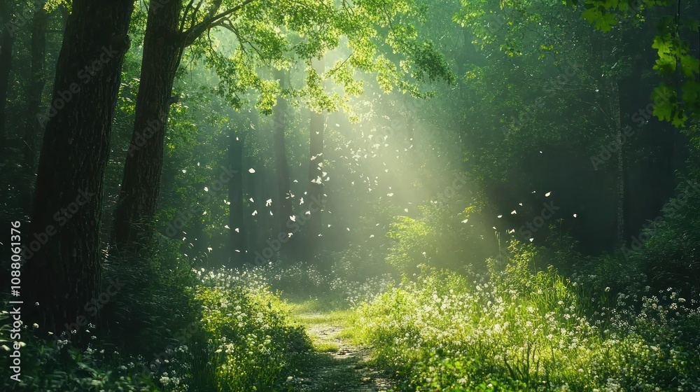 Obraz premium Sunbeams in a Misty Forest