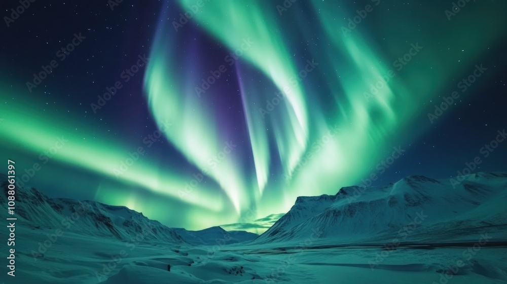 Fototapeta premium Aurora Borealis over Snowy Mountain Range