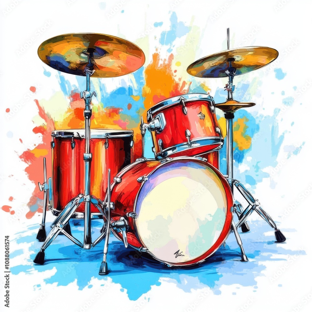 Vibrant red drum set with golden cymbals, showcasing artistic splashes of color, creating an energetic musical vibe. Vibrant red drum set with golden cymbals, showcasing artistic splashes of color, creating an energetic musical vibe.