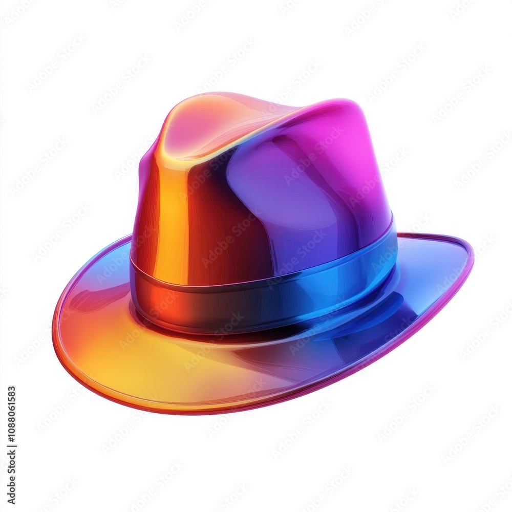 A vibrant, glossy fedora hat showcasing a stunning gradient of purple, blue, and orange hues. A vibrant, glossy fedora hat showcasing a stunning gradient of purple, blue, and orange hues.