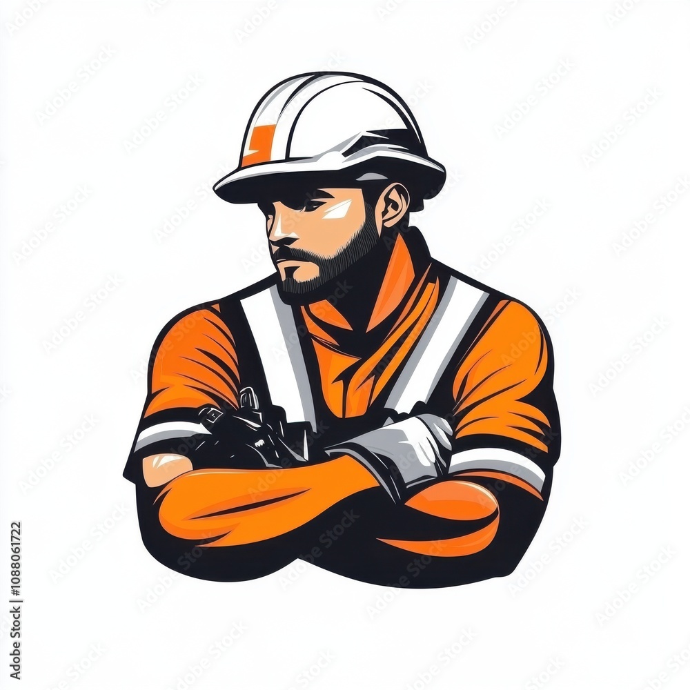 A rugged male construction worker in an orange uniform, wearing a safety helmet and protective gloves, exudes confidence. A rugged male construction worker in an orange uniform, wearing a safety helmet and protective gloves, exudes confidence.