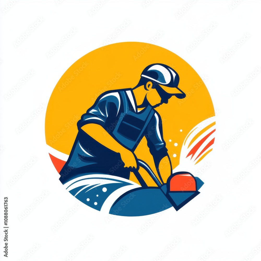 Fototapeta premium Illustration of a male worker, engaged in construction with a vibrant yellow background.