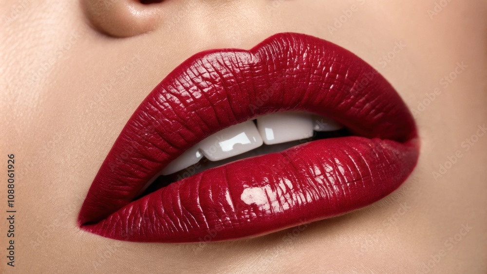 Obraz premium This closeup portrait emphasizes a warm ruby red lip shade. The lower lip is lightly bitten creating a sense of tension and intrigue while the glossy finish enhances the overall