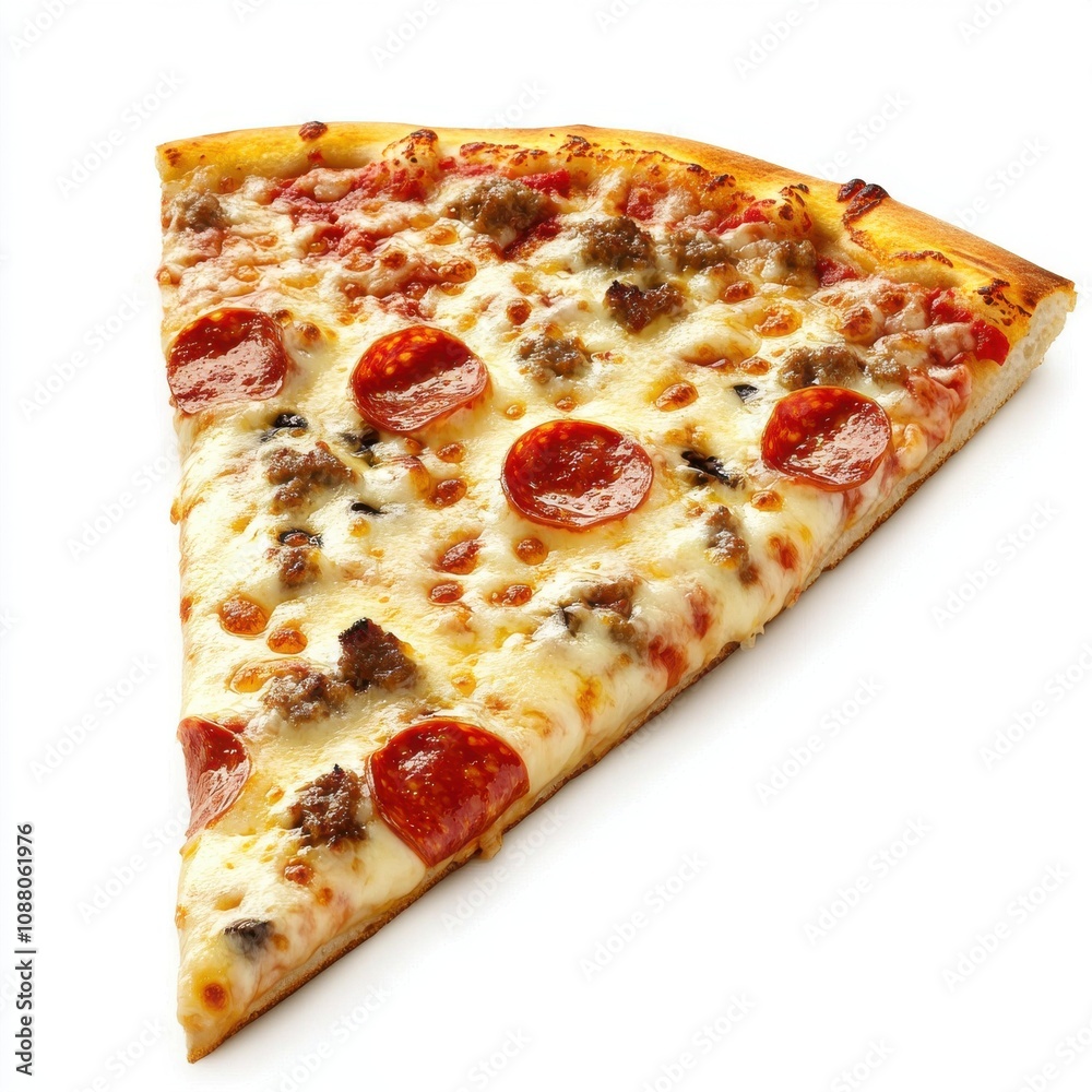 A delicious slice of pizza topped with pepperoni and sausage against a white background. A delicious slice of pizza topped with pepperoni and sausage against a white background.