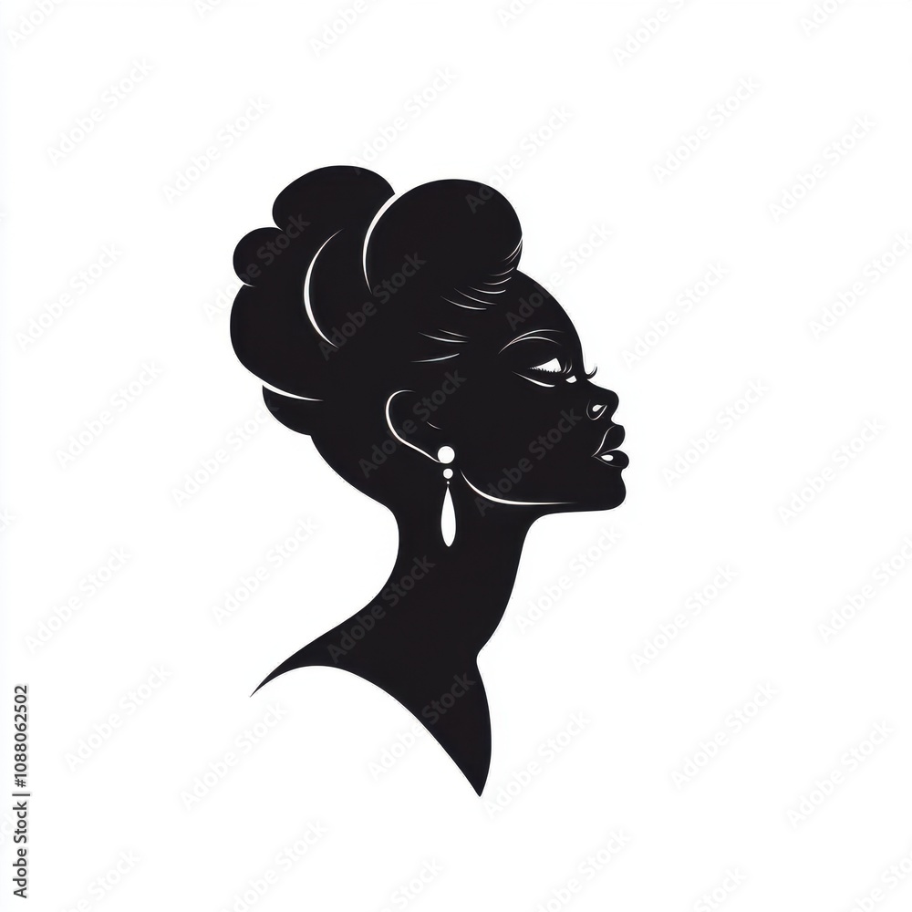 Elegant profile of a Black woman with a classic hairstyle and a stylish earring against a minimalistic background. Elegant profile of a Black woman with a classic hairstyle and a stylish earring against a minimalistic background.