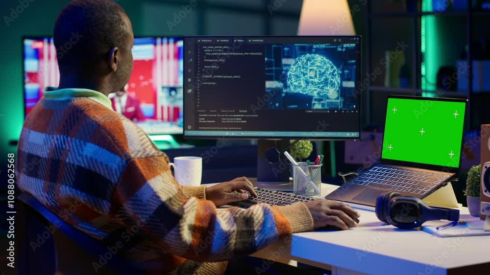 African american man using AI to develop a software system with chroma key on pc, cloud computing. Male IT programmer showing his skill in coding and cyber security, machine learning. Camera A. African american man using AI to develop a software system with chroma key on pc, cloud computing. Male IT programmer showing his skill in coding and cyber security, machine learning. Camera A.