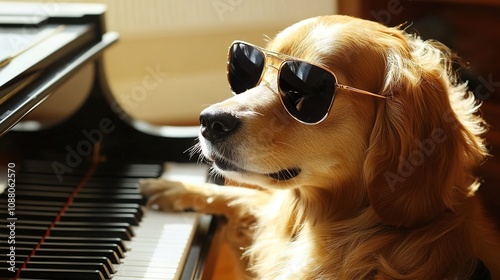 A cool dog wearing sunglasses, playing the piano with style and flair, exuding confidence and charm as it effortlessly creates music in a fun, playful atmosphere.