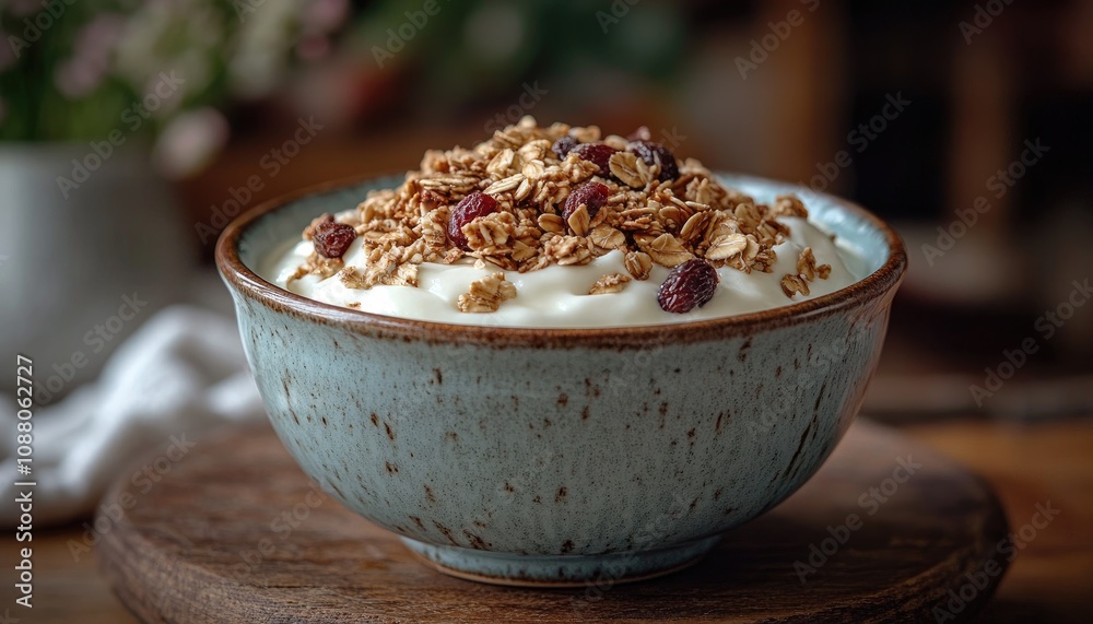 Yogurt with granola and dried fruit in a bowl. Perfect for breakfast or a healthy snack. Yogurt with granola and dried fruit in a bowl. Perfect for breakfast or a healthy snack.
