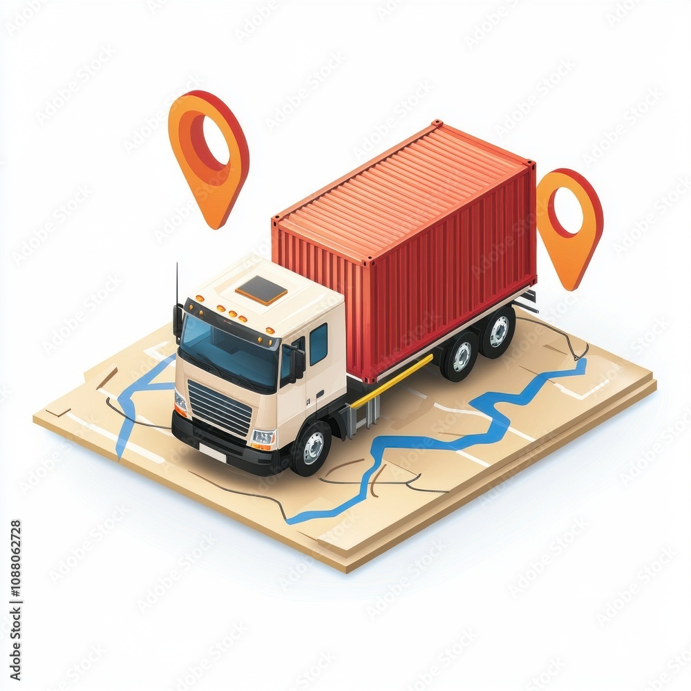 An illustration of a delivery truck with a shipping container, symbolizing logistics and transportation. An illustration of a delivery truck with a shipping container, symbolizing logistics and transportation.
