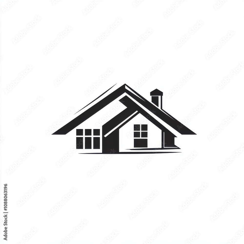 Stylized black and white illustration of a house with a sloped roof, windows, and a chimney. Stylized black and white illustration of a house with a sloped roof, windows, and a chimney.