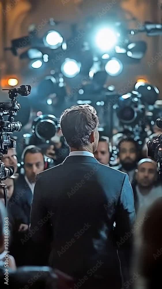 A view from the back of a man in a gray jacket who is giving a press conference to journalists